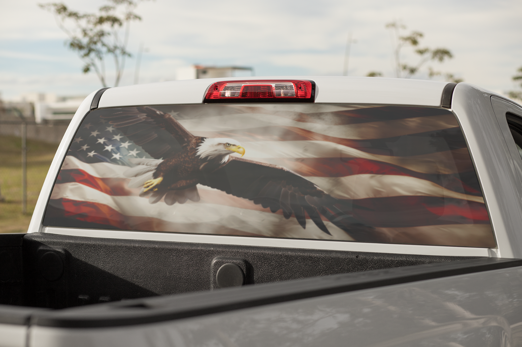 Truck Decal Back Window - Bald Eagle on Flag - perforated vinyl TBW048