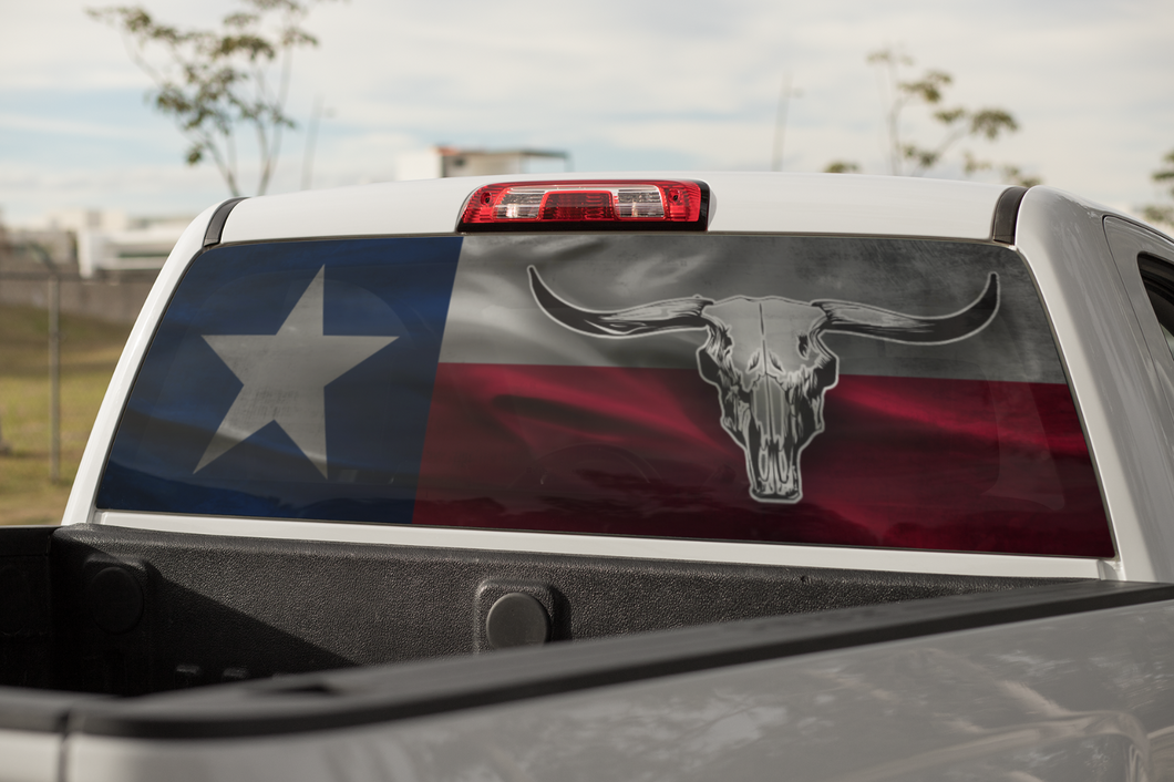 Truck Decal Back Window- Longhorn bull skull Texas Flag -perforated vinyl TBW020