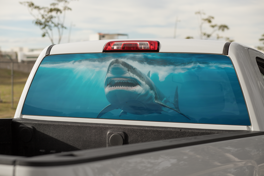 Truck Decal Back Window - Shark in the Ocean - perforated vinyl TBW036