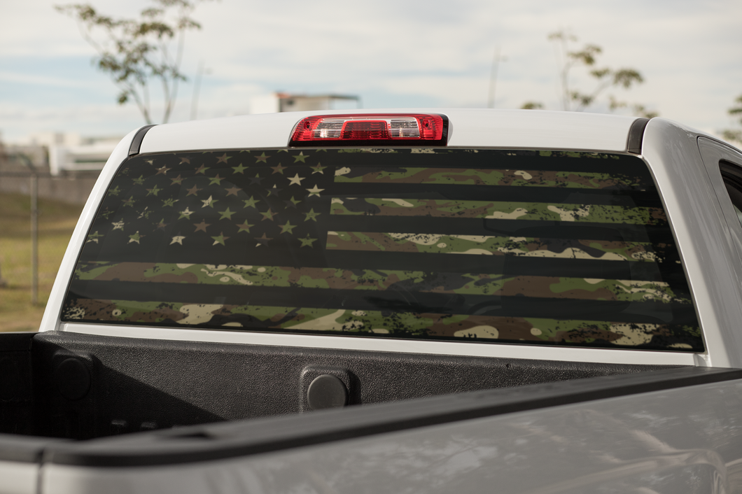 Truck Decal Back Window - Camo U.S. Flag - perforated vinyl TBW022