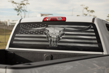 Load image into Gallery viewer, Truck Decal Back Window - Longhorn bull skull on flag - perforated vinyl TBW018
