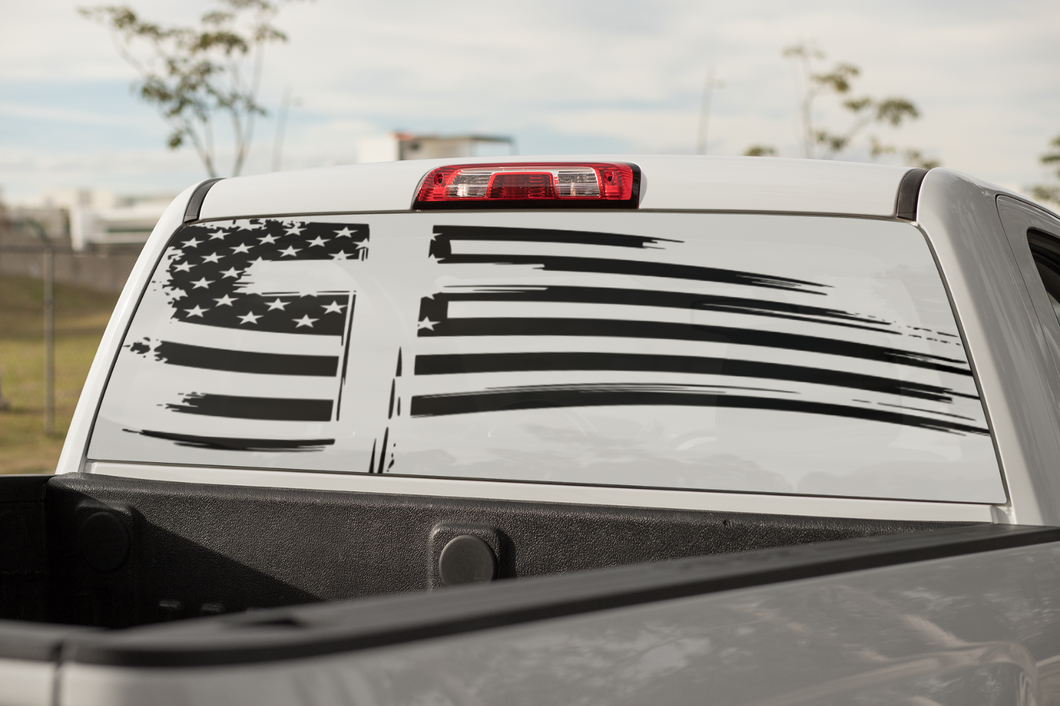 Truck Decal Back Window - Distressed Flag with Cross- perforated vinyl TBW047
