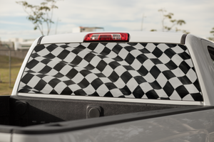 Truck Decal Back Window- Flowing Racing Flag B&W -perforated vinyl TBW026
